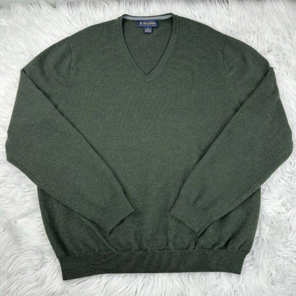Brooks Brothers Mens XL Extra Fine Italian Merino Wool V-Neck Sweater Dark Green